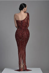 Burgundy One Shoulder Heavy Sequins Mermaid Evening Dress